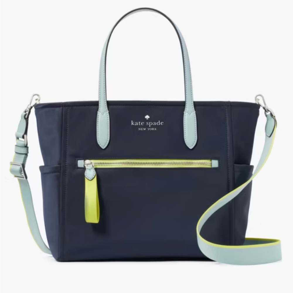 kate spade navy satchel with mint and chartreuse accents